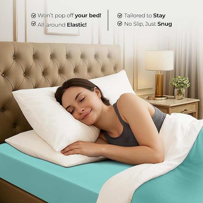 Queen Fitted Sheet, Ultra Soft Fits Up to 16 Inch Deep Pocket, Spa Blue | Hotel Comfort, Cooling & Breathable Cotton like Polyester, Easy Fit, Wrinkle & Fade Resistant, Snug Fit, Easy Care, Oeko-Tex