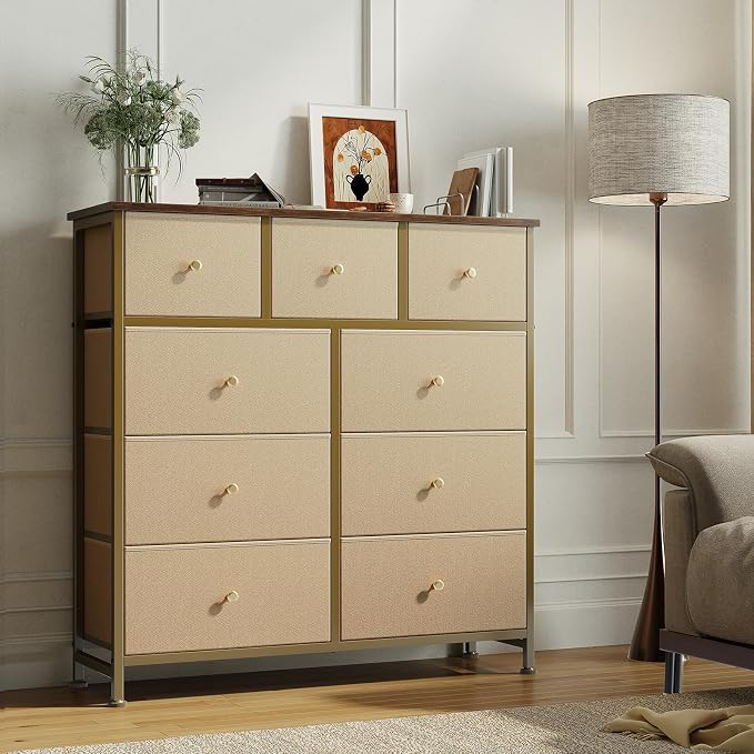 DUMOS 9 Drawer Dresser for Bedroom, Storage Organizer Chest of Drawers | Fabric Bins Storage Tower with Sturdy Metal Frame, Wood Tabletop for Closet, Khaki
