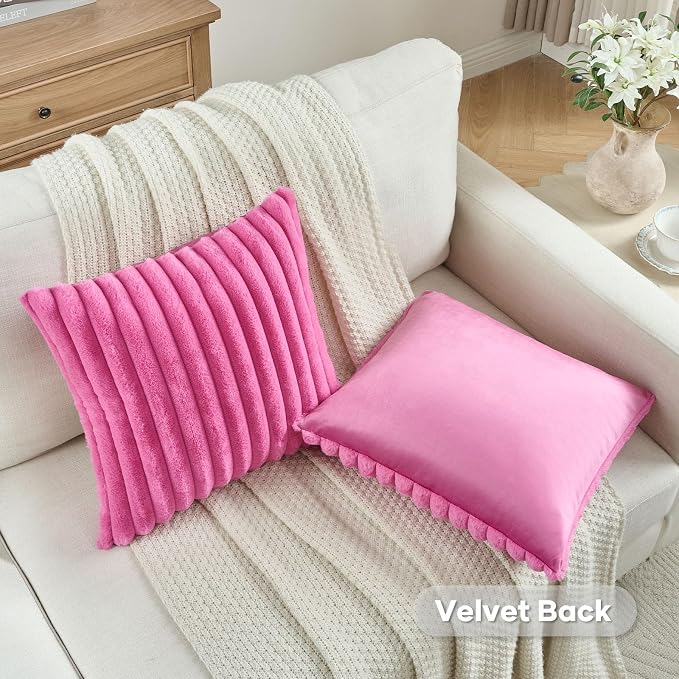 FUTEI Pack of 2 Faux Fur Throw Pillow Covers 20x20 Inch, Hot Pink | Fluffy Faux Rabbit Fur Front/Premium Velvet Back,Hidden Zipper,Machine Washable,Non-Shedding,Colorfast,Insert Not Included.
