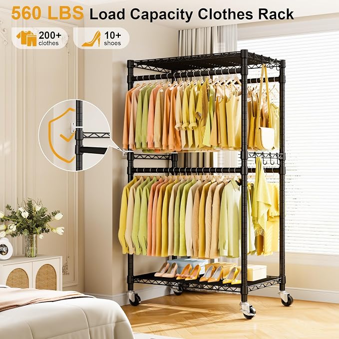P4 Rolling Clothes Rack, Clothing Racks for Hanging Clothes, Black | Heavy Duty Garment Rack with Wheels, 2-Tier Free Standing Portable Closet Racks 35.5''W × 20.5''D × 80.5''H, Max Load 560Lbs