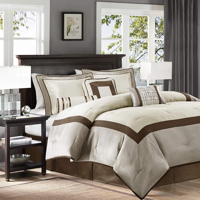 Madison Park Deluxe Hotel Style Comforter Set, 7PC King Bedding Set | All Season Down Alternative Luxury Bedding with Comforter, Shams, Bed Skirt, Decorative Pillows, Taupe/Brown