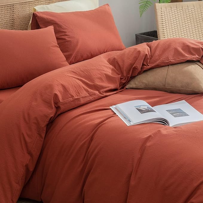 BESTOUCH Cotton Solid Duvet Cover Set Burnt Brick Red Oversized Full | 100% Washed Cotton, Soft Wrinkle Texture, Hidden Zipper, 8 Ties, Breathable Lightweight Durable Comfy, 3 Pcs No Insert