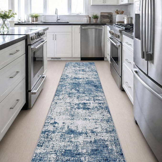 2.6x14 Washable Runner Rug:Modern Abstract Indoor Soft Carpet Blue | For Hallway, Bedroom, Kitchen, Laundry, Bathroom,Door Mat,Modern Abstract,Machine washable,Non-Slip,Stain Resistant,Indoor