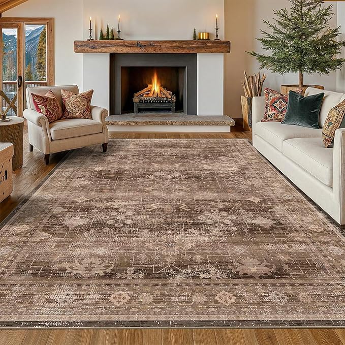 Taupe Brown Living Room Rug 6x9 - Vintage Traditional Eclectic Unique Neutral, Washable Low Pile Non-Slip Large Area Rugs for Dining Under Table Bedroom Lounge