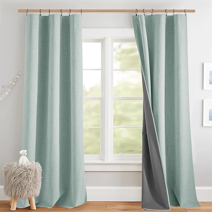 NICETOWN 100% Black Out Curtains 84 inch Long 2 Panels, Seafoam Green | Linen Blend, Thermal Insulated, Farmhouse Style, Privacy Curtains for Bedroom, Apartment Living Room, W42" x L84" Each