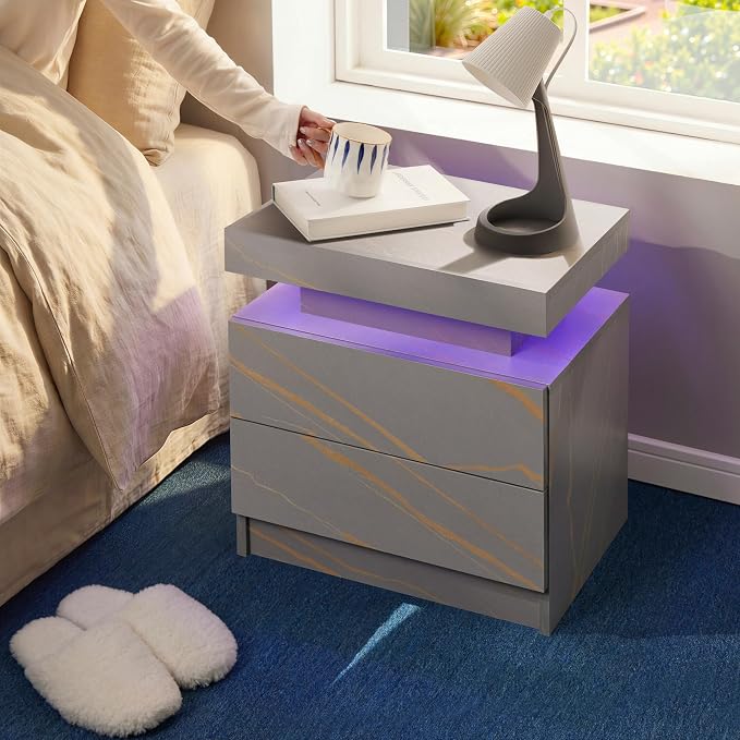 i-aplus Gray Modern LED Nightstand Set of 2 with 2 Wood Drawer for Bedroom | Nightstands with App-Controlled RGB LED Lights, Night Stand with Storgae Drawer, Modern Bedside Table for Bedroom