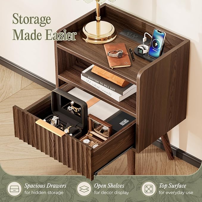 Huuger Nightstand with Charging Station, USB-C Port, End Table | Fluted Night Stand Bedside Table with Drawer, Solid Wood Feet, Open Storage, with Raised Edge, for Bedroom, Walnut