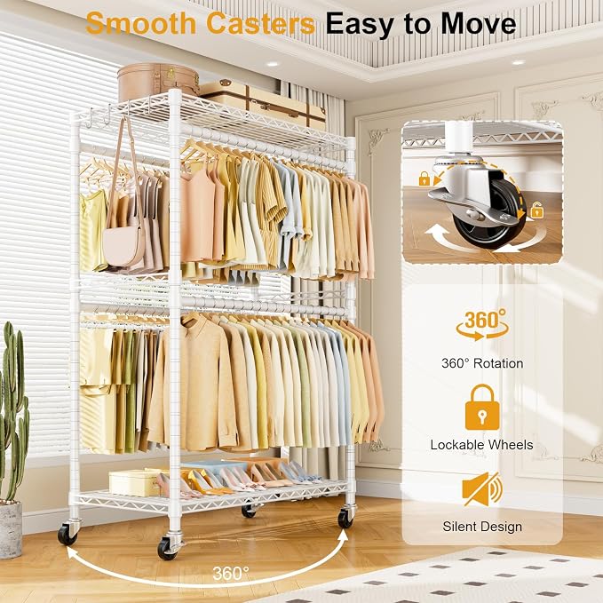 Rolling Clothes Rack, Clothing Racks for Hanging Clothes, White | P4 Plus Heavy Duty Garment Rack with Wheels, Free Standing Portable Closet Racks 45''W × 20.5''D × 80.5''H, Max Load 570 Lbs