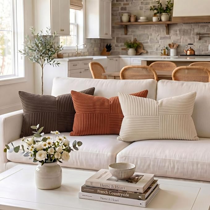 Fancy Homi 2 Packs Rust Long Lumbar Decorative Throw Pillow Covers 16x24 Inch for Couch Bed Sofa, Farmhouse Boho Home Decor, Soft Striped Corduroy Rectangle Accent Terracotta Cushion Case 40x60 cm