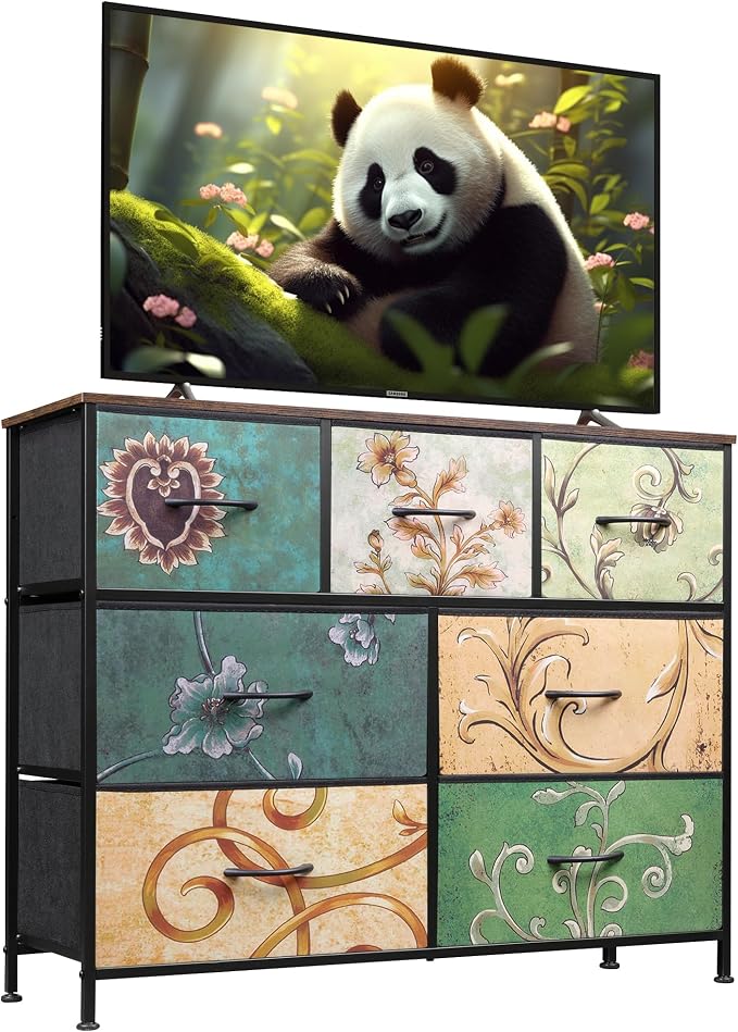 WLIVE Dresser for Bedroom, 7 Drawers, TV Stand, Floral | 7 roomy fabric drawers, Fits TVs up to 45 inch, Bedroom or living room, Wide storage design, Chest of drawers