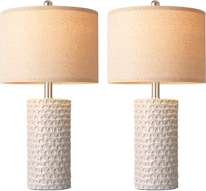 23" Modern Ceramic Table Lamp Set of 2, Table Lamps for Living Room, Rustic Farmhouse Bedside Lamps Nightstand lamp for Bedroom, White Desk Lamp for End Table Home Decor Beige