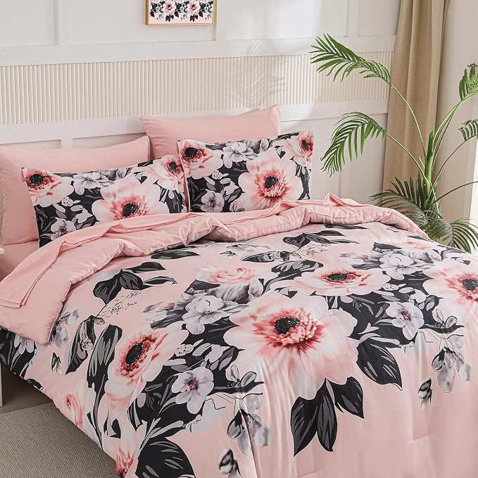Yogeneg King Size Comforter Set 7 Piece Bed in a Bag,Pink Black Floral Botanical Pattern Blush Bedding Set,Soft Microfiber Comforter with Sheet Set,All Season Bed Set(Pink Black,King)