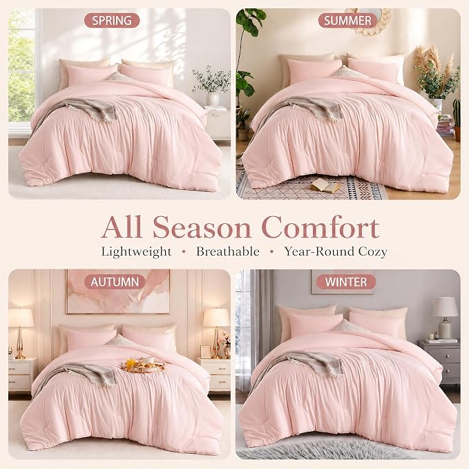 weigelia Pink Comforter Set Full Size, All Season Lightweight Bedding Set | Soft Microfiber Full Comforter Set, Machine Washable, Blush Pink Solid Color Bed Set (1 Comforter, 2 Pillowcase)