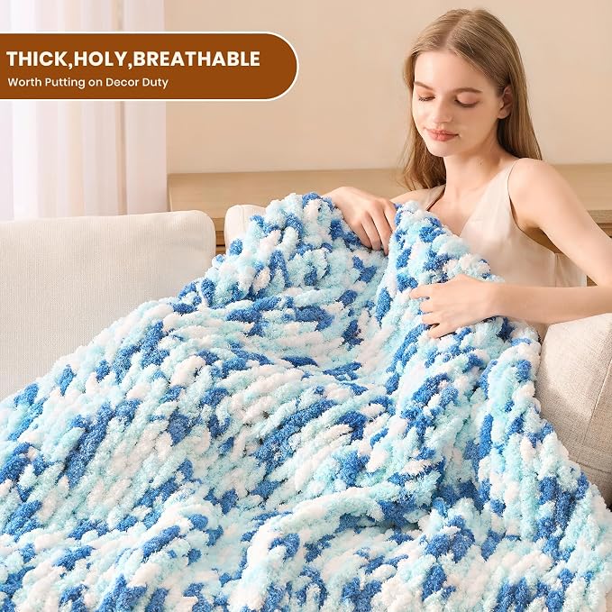 L'AGRATY Chunky Knit Throw Blanket for Couch, 50 x 60 Inches, Blue White | Handmade Chenille Crochet Blanket for Sofa Bed, Thick Cable Knitted Blankets for Room Home Decor, Birthday Gift for Women Mom