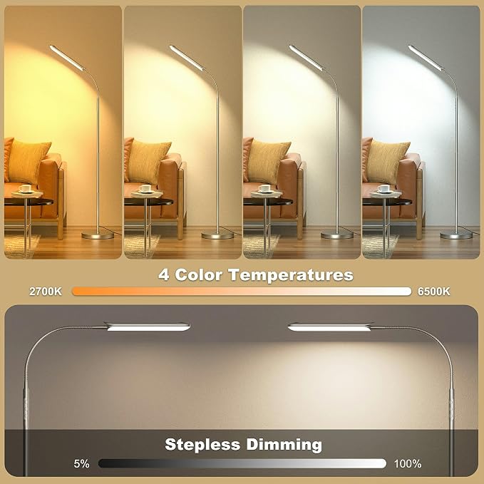 Yikuneng Dimmable LED Floor Lamp, Super Bright Reading Lamps Floor Standing lamp with Remote & Touch Control, Stepless Dimming & 2700K-6500K Color Temperature, for Living Room Bedroom Office, Silver