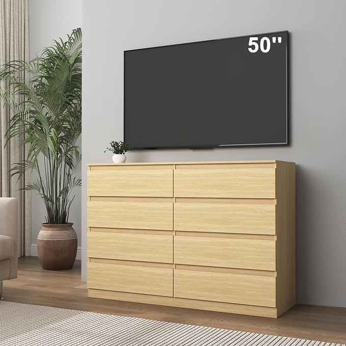 Vibe & Dine 8 Drawer Double Dresser, Modern Chest of Drawers with Wide Storage for Closet, Bedroom, Living Room, Natural Wood