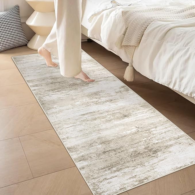 Washable 2x6 Runner Rug for Hallway: Kitchen Runner Non Slip Neutral Soft Abstract Modern Low Pile Stain Resistant Carpet Runner for Bedroom Beside Entryway Bathroom Laundry Indoor (Beige, 2'x6')
