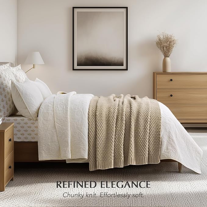 EVERGRACEHOME Chunky Chenille Knit Throw Blanket, 60 x 80, Sand Dune | Sculpted Moss Stitch, Chic Modern Farmhouse, All-Season Warmth, OEKO-TEX® Certified, Elegant Blanket for Couch, Bed, Sofa