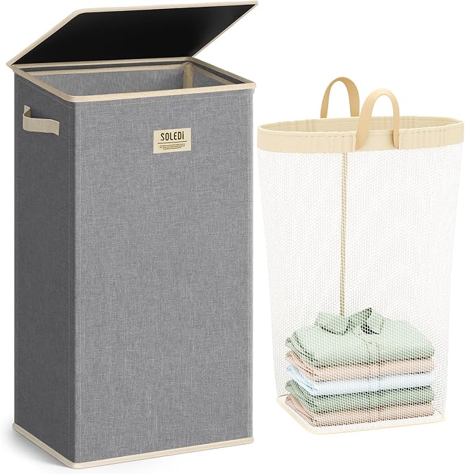 SOLEDI Laundry Hamper with Lid 100L Large & Tall Collapsible Laundry Basket, Clothes Hamper with Bag Removable Easy to Carry, Dirty Hampers for Bedroom, Bathroom, Dorm, College, Light Grey