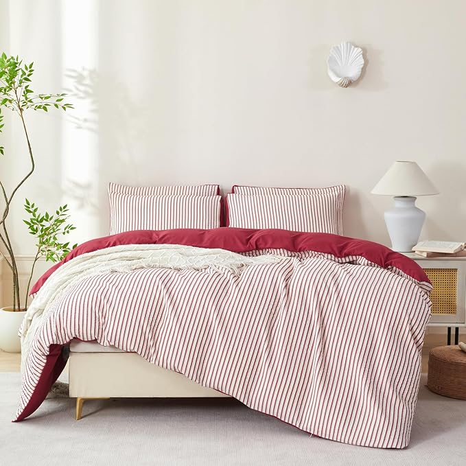 Comforter Set King Size Brick Red Striped Soft Luxury Washed Microfiber Jacquard 3 Pieces White Brick Red Vertical Ticking Stripes Pattern Comforter with 2 Pillowcases Breathable Durable Comfy