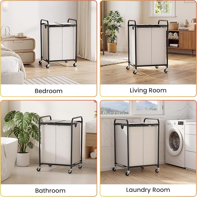 120L Laundry Sorter 2 Section, Rolling Laundry Basket with Wheels ＆ Lid | 31.7 Gal Laundry Hamper, 2 Separated Removable Bags, Lockable Wheels, Dirty Clothes Hamper for Laundry Room, Bedroom, White