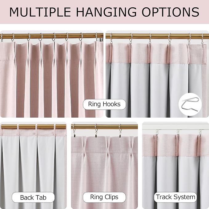 Vision Home Soft Pink Pinch Pleated Full Blackout Curtains Linen Blended Room Darkening Curtain Panels 120 inch for Living Room Bedroom Thermal Insulated Pinch Pleat Drapes with Hooks 40" Wx120 Lx2