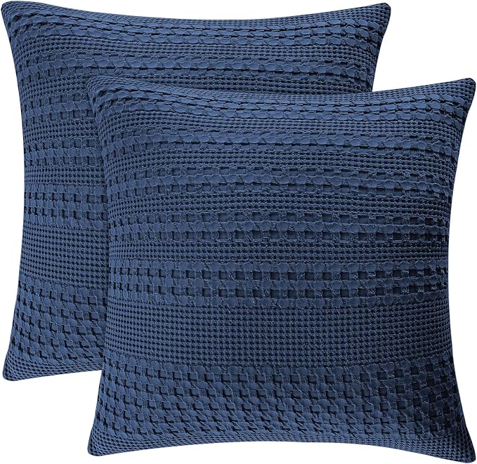 PHF 100% Cotton Waffle Weave Euro Sham Covers, 2 Pack 26" x 26" Bed Pillow Covers for Elegant Home Decor, No Filling, Luxury Aesthetic Soft Euro Pillow Cases for Bed, Blue Sapphire