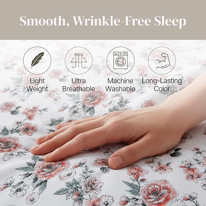 Modern Threads Printed 4-Piece Extra Soft Bedding Sheets & Pillowcase Set, Deep Pocket up to 16 inch Mattress Rose Bloom Queen