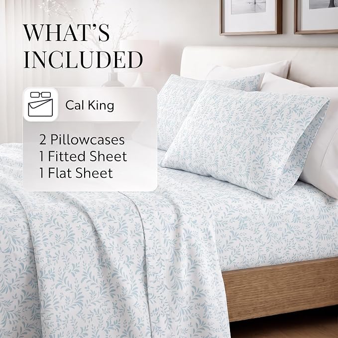 Linen Market Double-Brushed Patterned Microfiber California King Sheet Set 4 Piece – Oeko-TEX Certified Ultra Soft & Wrinkle-Free - 16" Deep Pocket Sheets Easy Care Cal-King Size - Vines Light Blue
