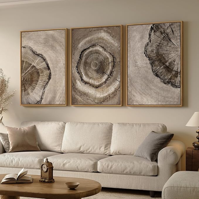 Large Framed Vintage Neutral Tree Ring Wall Art for Living Room, 24x36 In | Modern, Minimalist, Rustic, Nature, Wood grain pictures, Bedroom decor, Hallway art, Office, Ready to hang, Wood frame