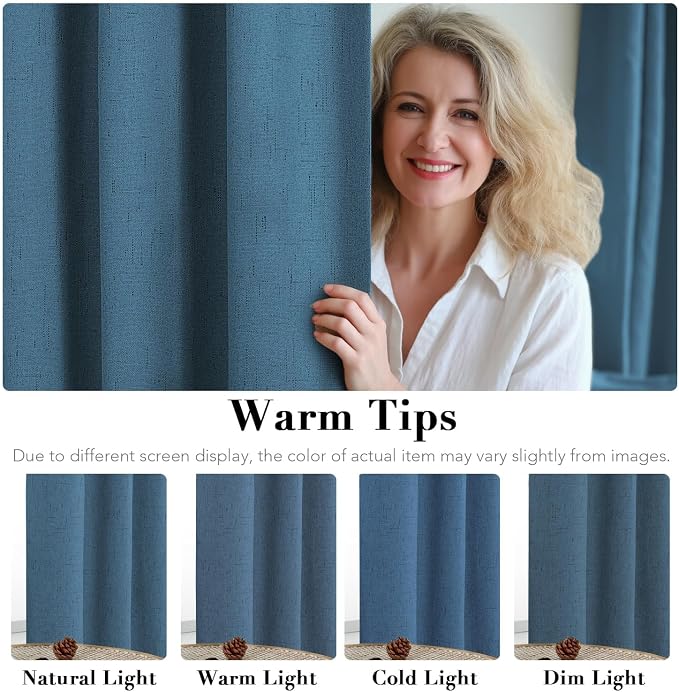 H.VERSAILTEX Blackout Curtains Linen Curtains 120 inches Long 100% Black Out Curtains for Bedroom Windows, Textured Linen Look Draperies Grommet with White Liner, 2 Panels, Blue Sapphire