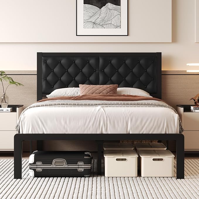 Fluest Full Bed Frame with Headboard PU Leather Upholstered Bed Frame Platform,All Metal Slats Support Platform Bed Frame with Storage Space,Easy Assembly,Noise Free,No Box Spring Needed,Black
