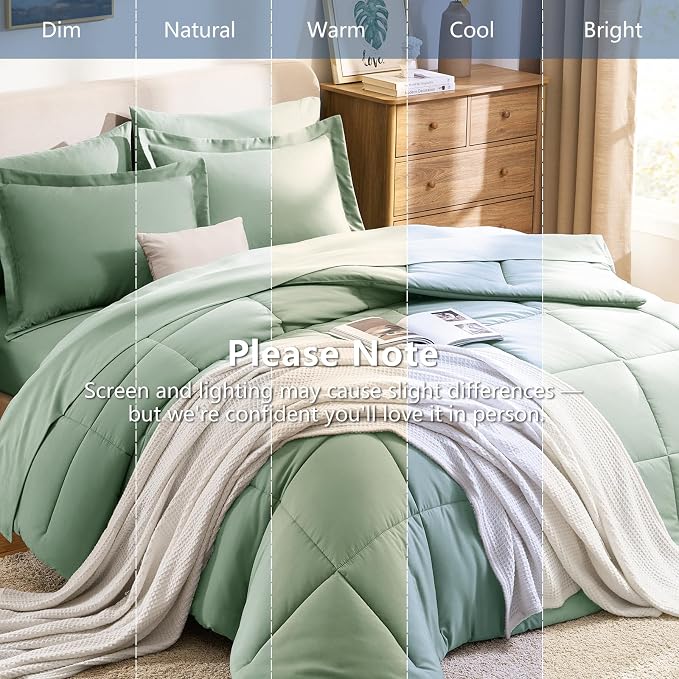 Full Size Comforter Sets, 7-Piece Bed in a Bag, Sage Green | OEKO-TEX Certified, Box-Stitched Design, 240 GSM Down Alternative Fill, All-Season Comfort, Sheets, Pillowcases & Shams
