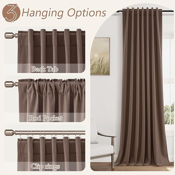 100% Blackout Curtains 96 Inch Length 2 Panels Set for Living Room Bedroom Back Tab Thermal Insulated Black Out Linen Drapes Room Darkening Cappuccino,52x96