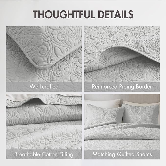 Madison Park Luxurious Cotton Damask Quilt Set, 2PC Twin/Twin XL Bed Set | All Season, Lightweight Stitching Coverlet Bedspread Bedding Stitching with Shams, Grey
