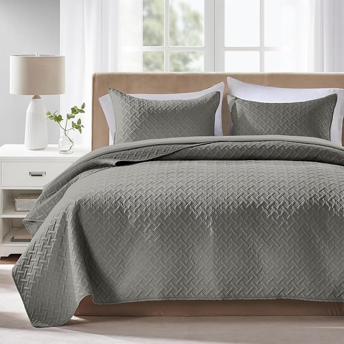 FLYMME Dark Grey Twin Quilt Bedding Set Thin Lightweight Bedspreads,Modern Style Geometric Weave Stripe Pattern,Soft Microfiber Bed Coverlet for All Season (1 Quilt, 1 Sham)