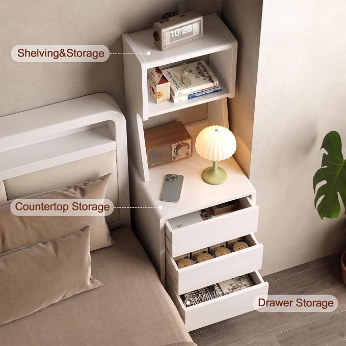 Solid Wood Bookshelf Nightstand Combo, Tall Nightstand with Bookshelf | White Nightstand Bookshelf,Narrow Nightstand with Drawers,Open Shelf Bookcase,for Bedroom,Living Room,Offices