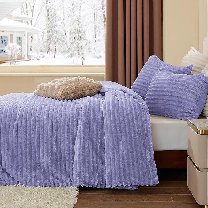 BEDELITE Fleece Full Comforter Set, Fluffy Bed Set, Lavender | Super Soft & Warm Bedding, Luxury Fuzzy Faux Fur Comforter for Winter, Heavy Plush Bedding, with 2 Pillowcases