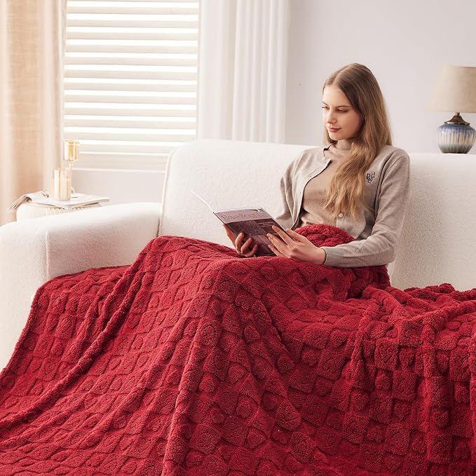 NEWCOSPLAY 3D Heart Checkered Flannel Queen Blanket, Red Heart, 90"x90" | Super Soft Cute Lightweight Decorative Premium Silky Fleece Blanket for Couch Sofa Bed, Gift for Women Men, All Season Use