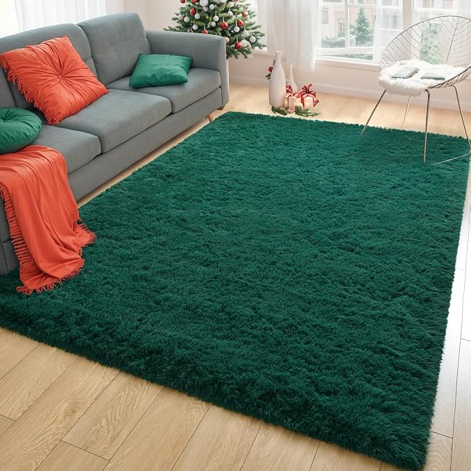 Soft Modern Indoor Shaggy Area Rug for Bedroom Livingroom Dorm Kids Room Home Decorative, Non-Slip Plush Fluffy Furry Fur Rugs Comfy Nursery Accent Floor Carpet 3x5 Feet, Deep Green