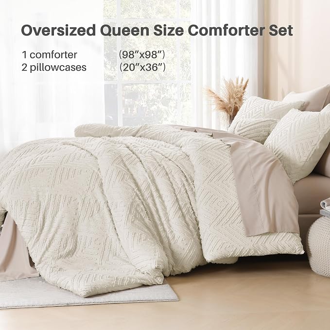 Litanika Oversized Queen Comforter Set, 3 Pcs Beige Tufted Boho Bedding Set | Farmhouse Shabby Chic Vintage Bohemian Textured Aesthetic Soft Fluffy Lightweight Breathable All Season Bed Set
