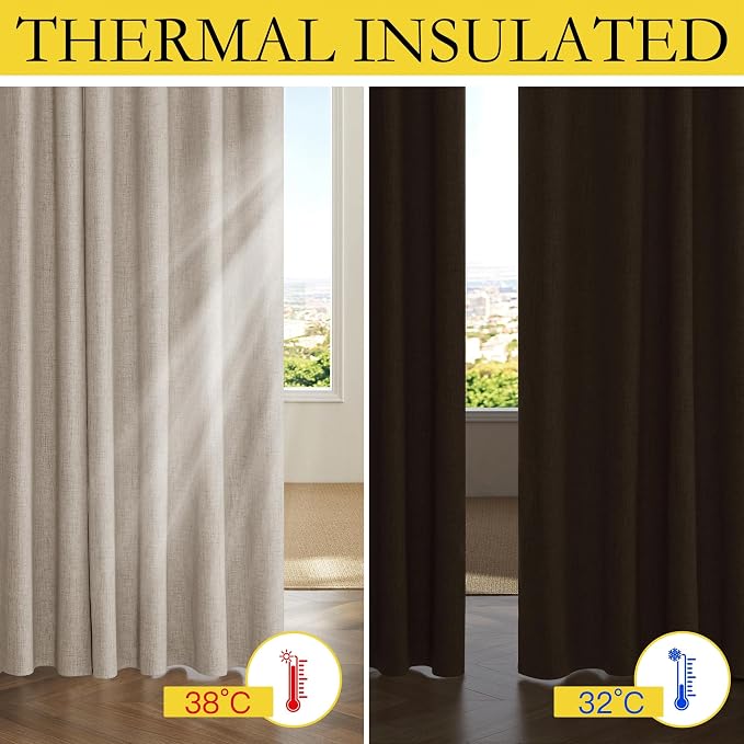 NICETOWN 100% Blackout Curtains for Kitchen 63" L Set of 2, Natural | Thermal Insulated, Flax Textured, Privacy Protection Window Draperies for Kids Room, Rod Pocket & Back Tab, W42" x L63" Each