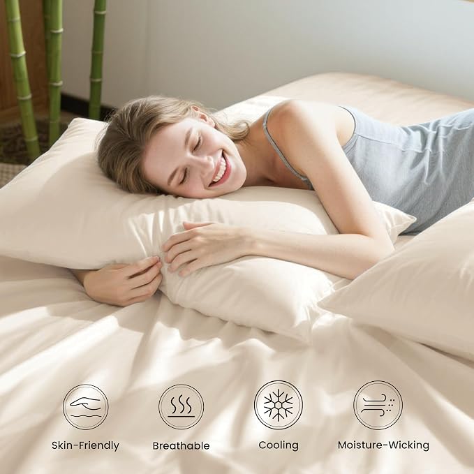 Love's cabin 3 Piece Twin XL Sheet Set, 100% Rayon Derived from Bamboo, Cooling & Breathable, Soft Silky Deep Pocket up to 16", Hotel Luxury Bedding for Hot Sleepers, Beige