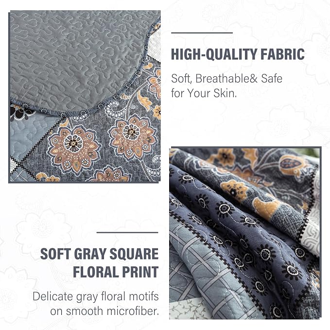 Quilt Set King Size, Bedspread Sets Delicate Square Floral, Quilt Bedding Set Lightweight and Breathable for All Seasons, Soft Quilted Bedspread with 2 Pillow Shams