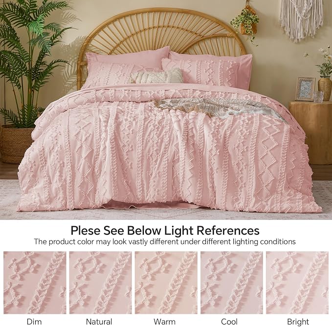 BEDELITE Queen Comforter Set 7 Pieces,Boho Bed in a Bag,Pink | Tufted Bed Set for All Seasons,Soft Farmhouse-Style Embroidery Bedding,Includes Flat & Fitted Sheets,2 Pillowcases & 2 Shams