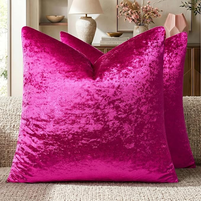 GIGIZAZA Crushed Hot Pink Velvet Throw Pillow Covers 20x20 Pack of 2 | Decorative Pillows for Couch Sofa,280gsm Soft Textured Fabric,Modern Square Pillowcases,Luxury Cushion Covers