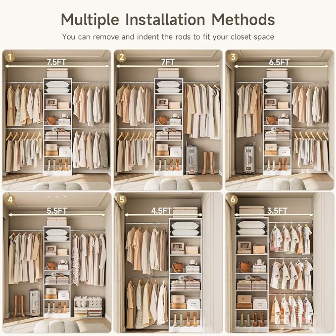 ONBRILL W1 3.5FT-7.7FT Closet System with 4 Chrome-Plated Telescopic Rods | Modular Closet Organizer System with 6 Adjustable Shelves, Custom Wood Walk-In & Reach-In Closet Organizer, Wall Mount, White