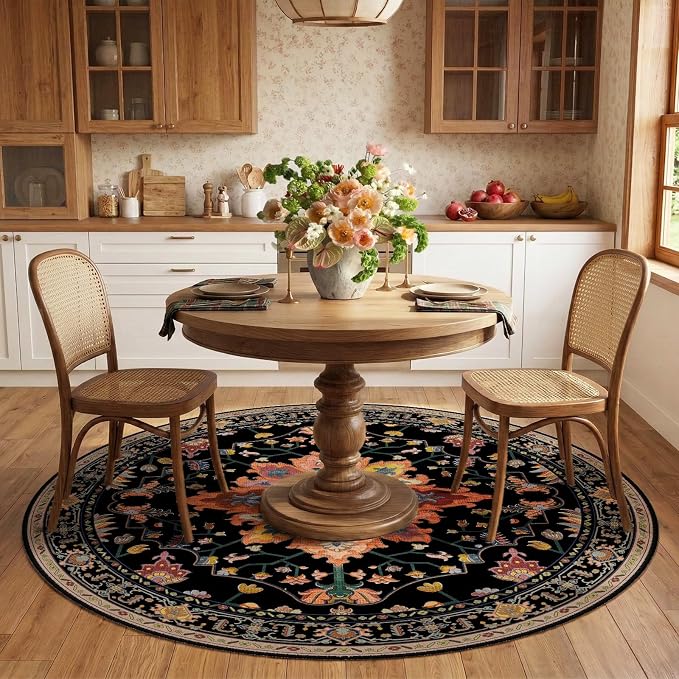 RELEANY Washable Area Rug, Round 6ft, Black/Colorful | Non-Slip, Water Repellent, Pet Friendly, Easy to Clean, Vintage Floral Boho Decor for Living Room Bedroom Dining Room