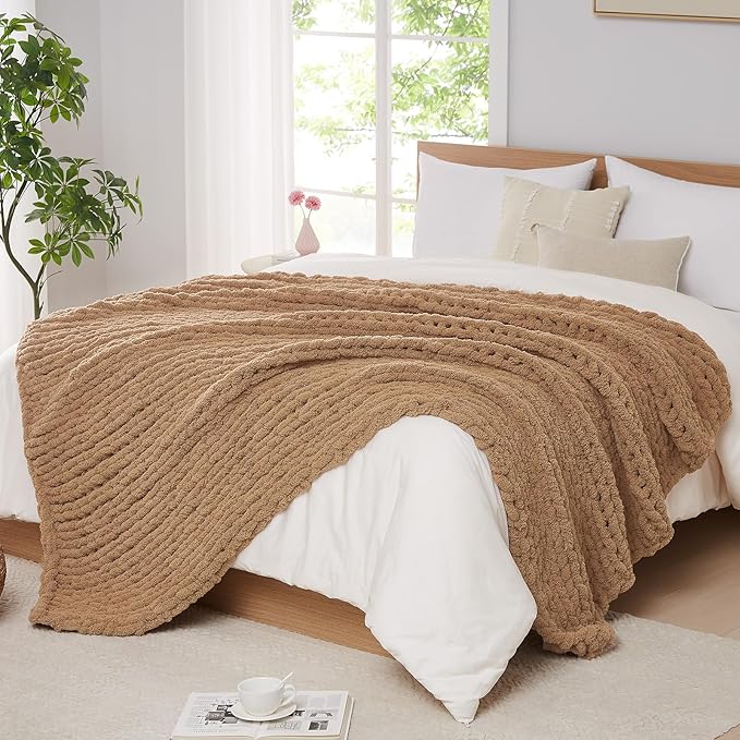 L'AGRATY Chunky Knit Throw Blanket for Couch, 72'' x 84'' Knit Throw, Tan | Handmade Chenille Crochet Blanket for Sofa Bed, Thick Cable Knitted Blankets for Room Home Decor, Birthday Gift for Women Mom