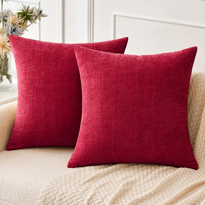 MIULEE Soft Chenille Throw Pillow Covers Red 20x20 Inch Pack of 2 | Modern Home Decor, Classic Decorative Pillows, Solid Dyed Cases, Boho Couch Cushion Covers for Sofa Bed Living Room